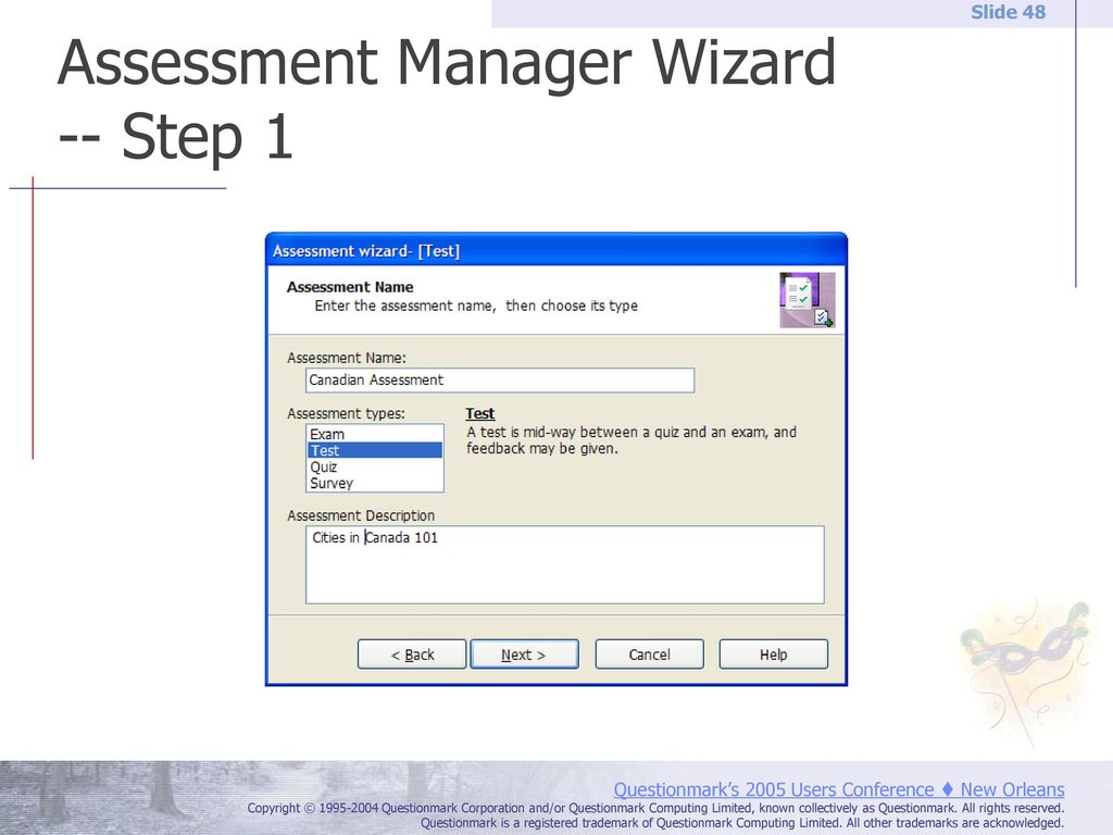 Assessment Manager Wizard -- Step 1
