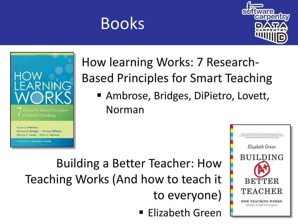 Books How learning Works: 7 Research-Based Principles for Smart Teaching. Ambrose, Bridges, DiPietro, Lovett, Norman.