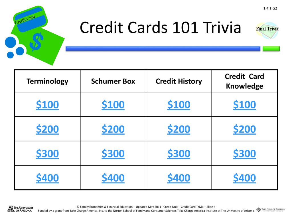 Credit Cards 101 Trivia $100 $200 $300 $400 Terminology Schumer Box