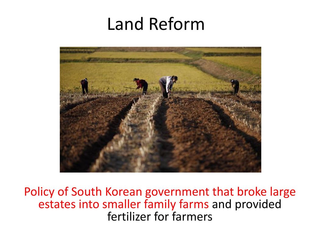 Land Reform Policy of South Korean government that broke large estates into smaller family farms and provided fertilizer for farmers.