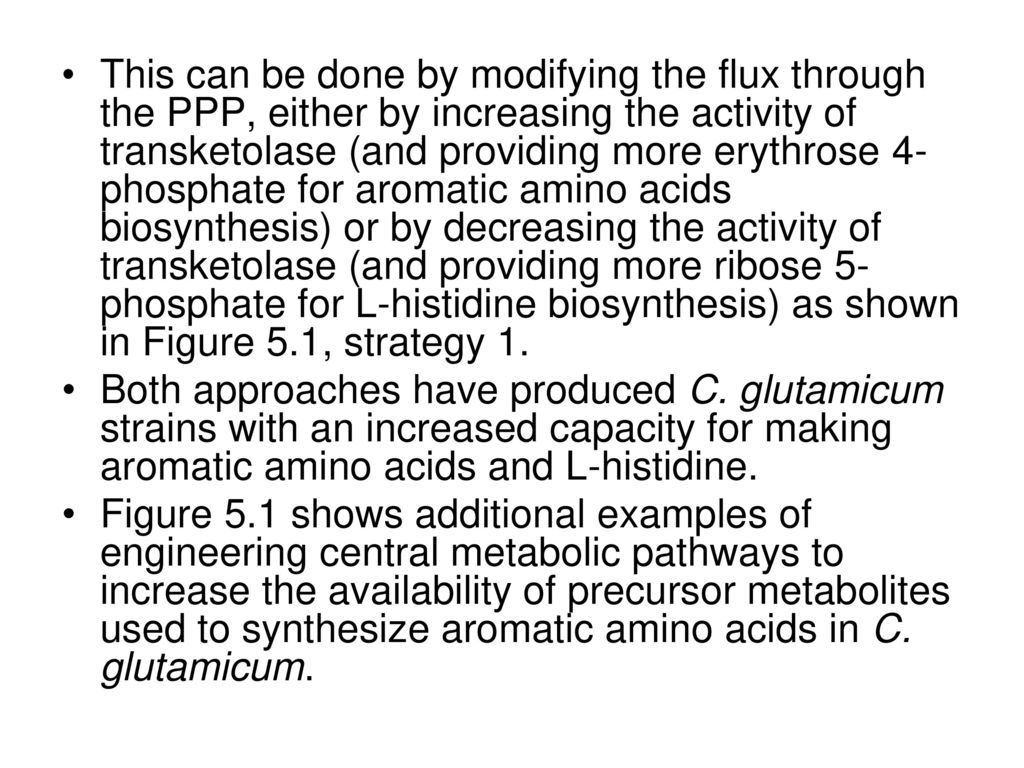 This can be done by modifying the flux through the PPP, either by increasing the activity of transketolase (and providing more erythrose 4-phosphate for aromatic amino acids biosynthesis) or by decreasing the activity of transketolase (and providing more ribose 5-phosphate for L-histidine biosynthesis) as shown in Figure 5.1, strategy 1.
