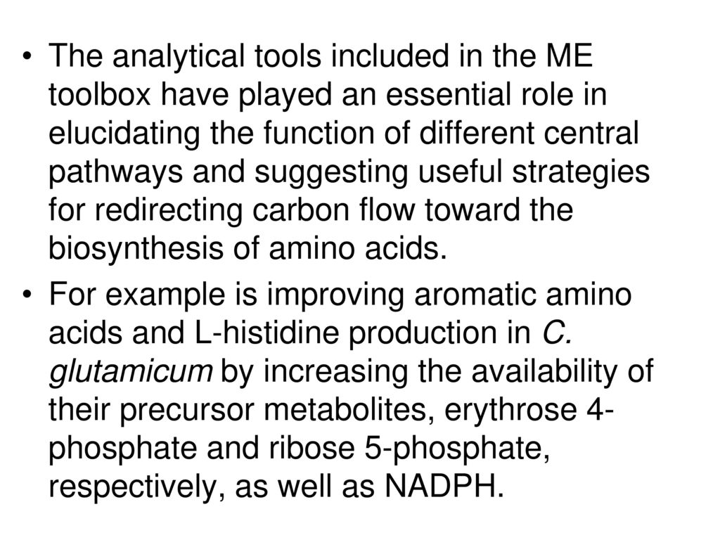 The analytical tools included in the ME toolbox have played an essential role in elucidating the function of different central pathways and suggesting useful strategies for redirecting carbon flow toward the biosynthesis of amino acids.