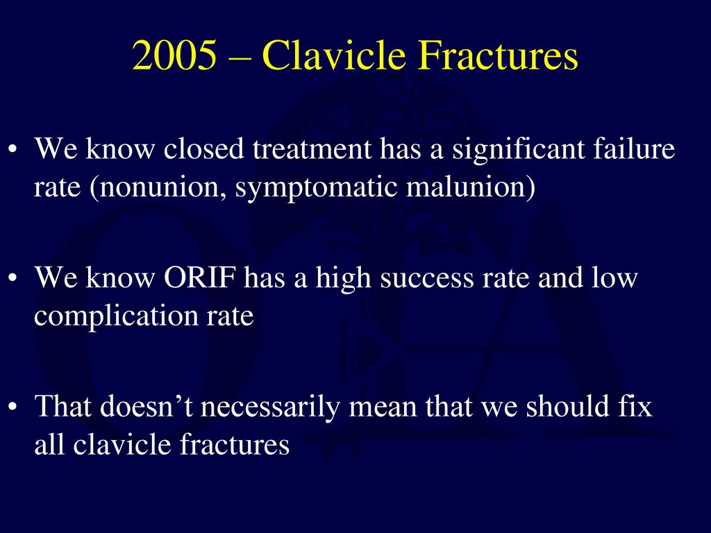 2005 – Clavicle Fractures We know closed treatment has a significant failure rate (nonunion, symptomatic malunion)