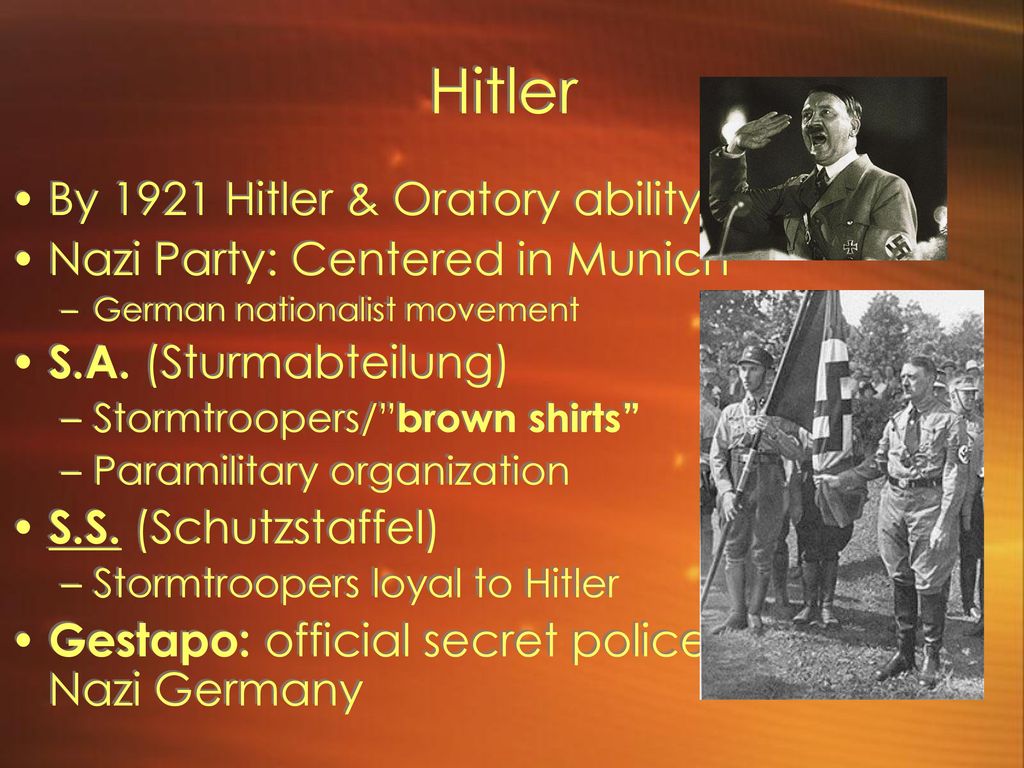 Hitler By 1921 Hitler & Oratory ability Nazi Party: Centered in Munich