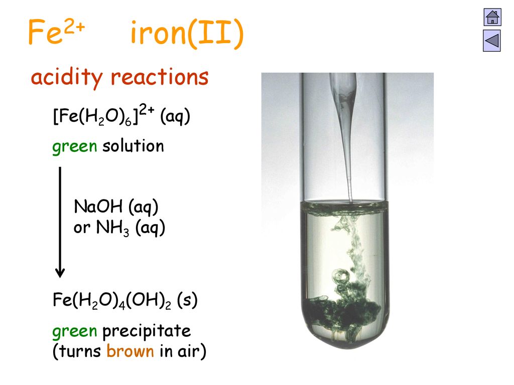 Fe2+ iron(II) photo acidity reactions [Fe(H2O)6]2+ (aq) green solution
