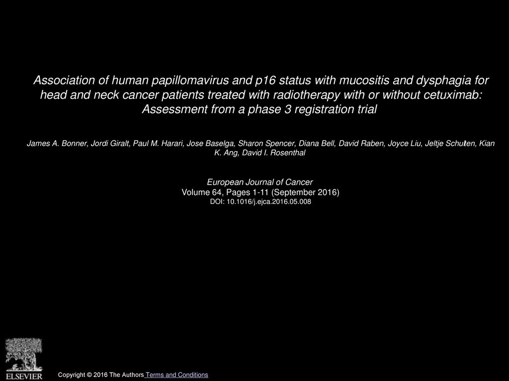Association of human papillomavirus and p16 status with mucositis and dysphagia for head and neck cancer patients treated with radiotherapy with or without cetuximab: Assessment from a phase 3 registration trial