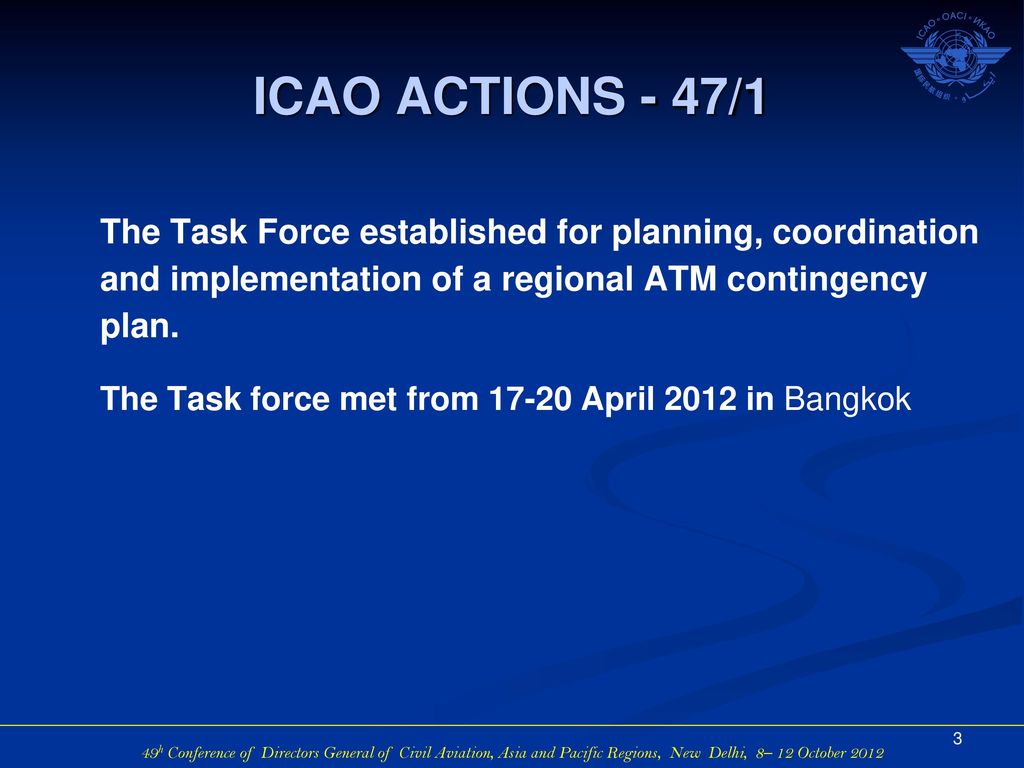 ICAO ACTIONS - 47/1 The Task Force established for planning, coordination and implementation of a regional ATM contingency plan.
