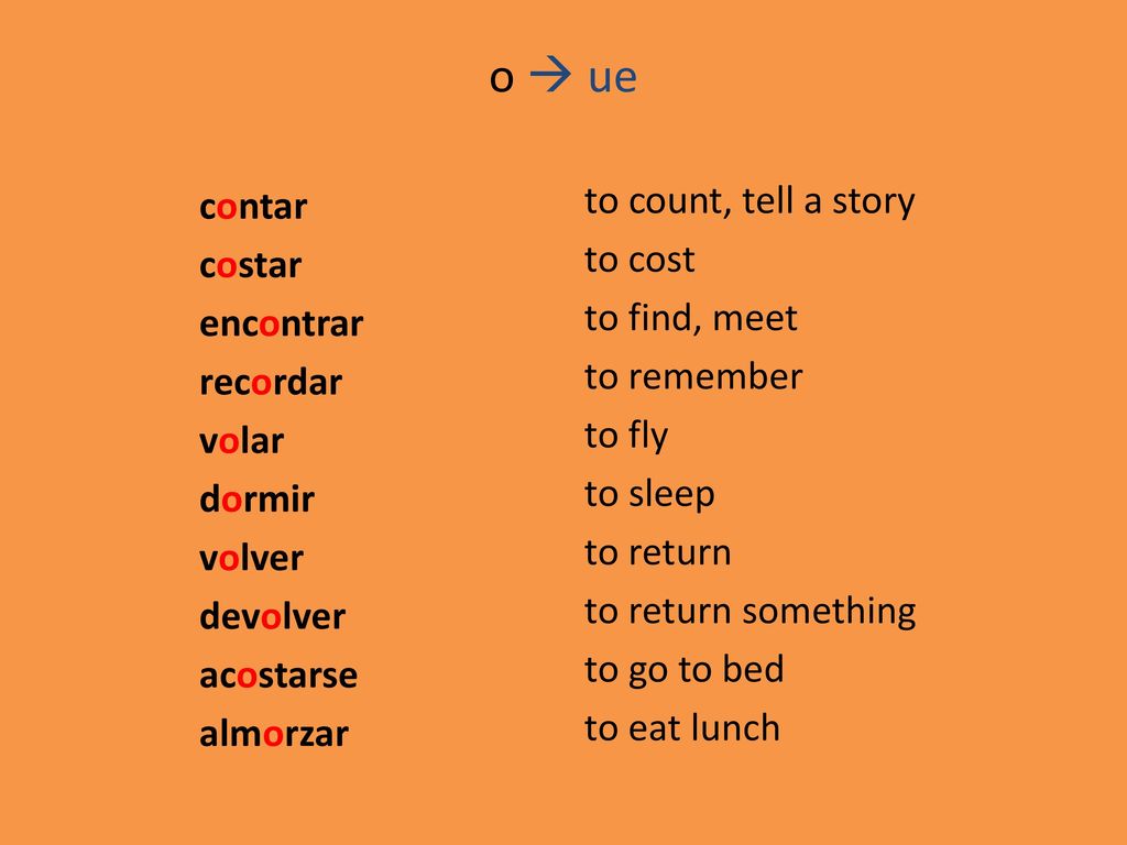 o  ue to count, tell a story contar to cost costar to find, meet