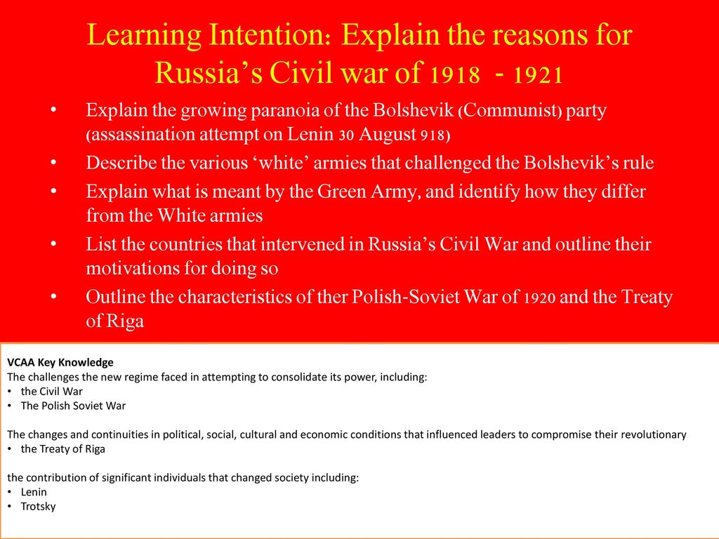 Learning Intention: Explain the reasons for Russia’s Civil war of