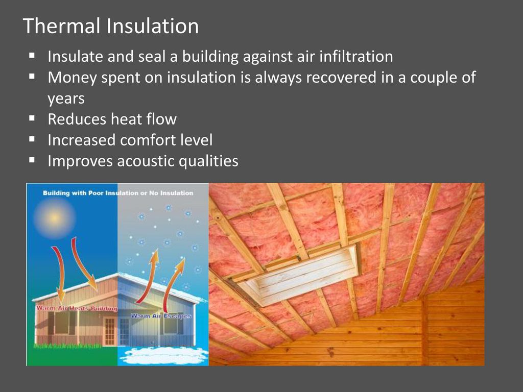 Thermal Insulation Insulate and seal a building against air infiltration. Money spent on insulation is always recovered in a couple of years.