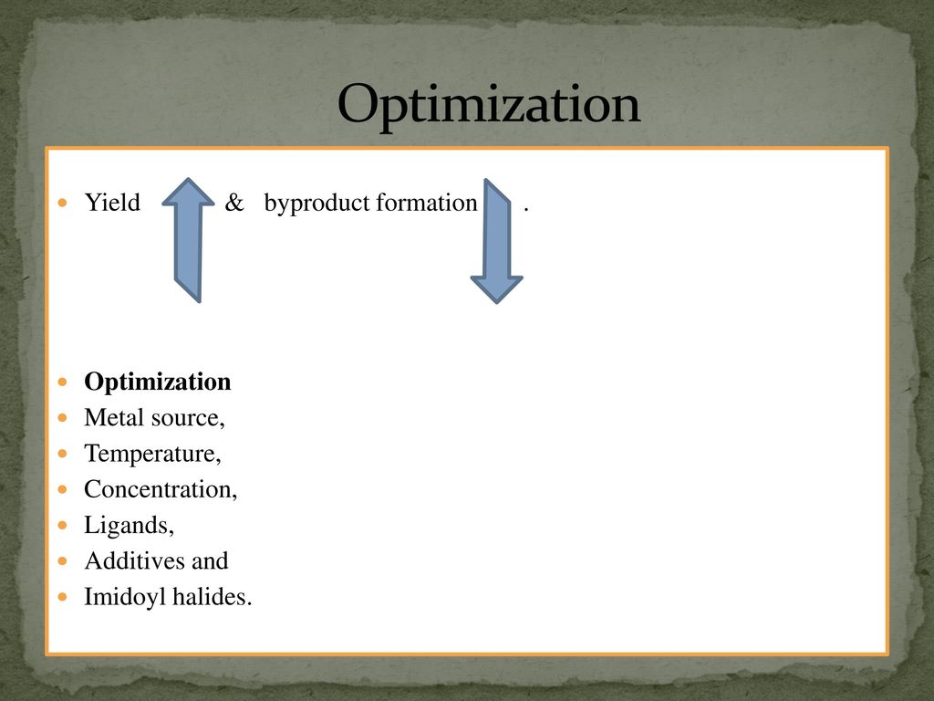 Optimization Yield & byproduct formation . Optimization Metal source,