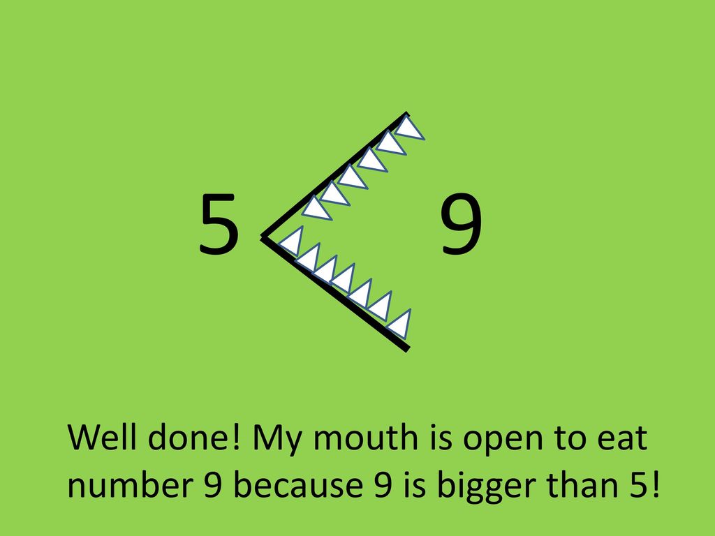 5 9 Well done! My mouth is open to eat number 9 because 9 is bigger than 5!