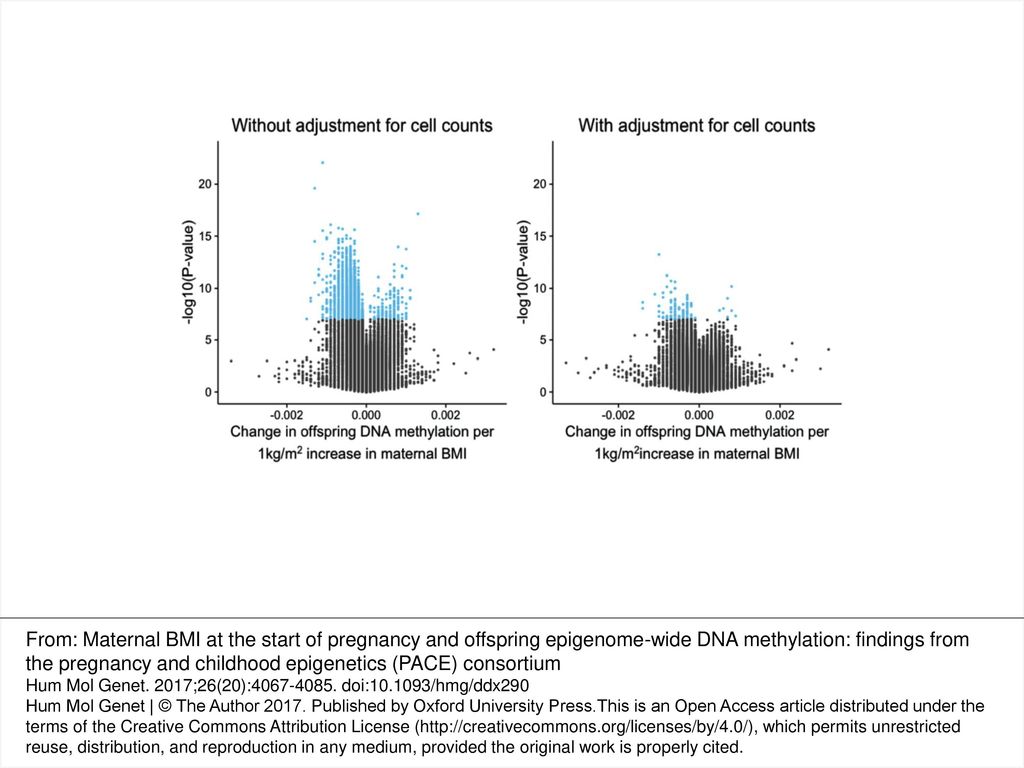 Figure 3 Volcano plots to illustrate the large increase in P-values after adjusting for estimated cell counts. Methylation sites that reached the Bonferroni threshold for multiple testing (1.06 × 10<sup>−7</sup>) are highlighted in blue.