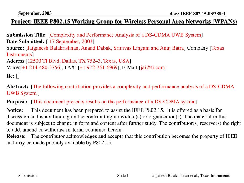 September, 2003 Project: IEEE P Working Group for Wireless Personal Area Networks (WPANs)