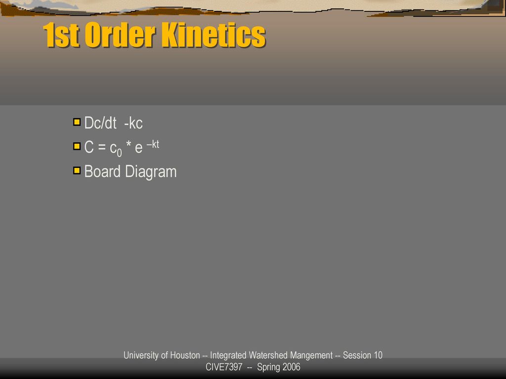 1st Order Kinetics Dc/dt -kc C = c0 * e –kt Board Diagram