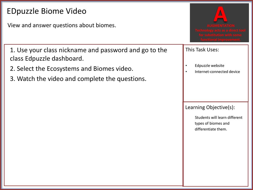 A EDpuzzle Biome Video. View and answer questions about biomes. AUGMENTATION. Technology acts as a direct tool.