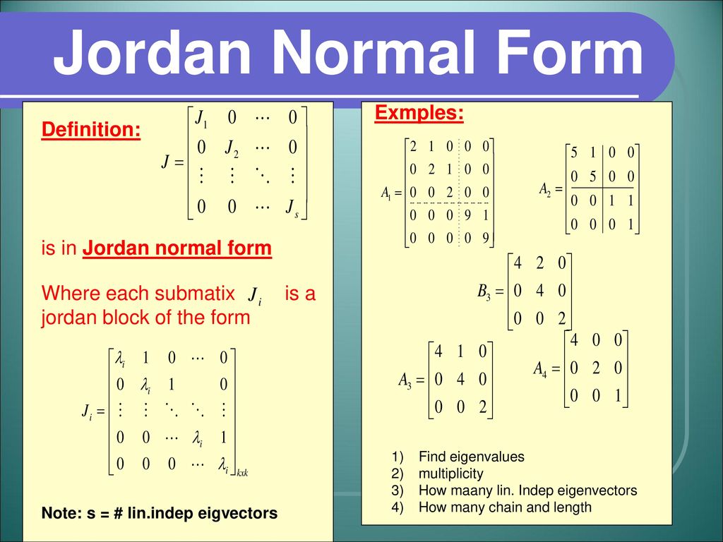 Jordan Block Under what conditions a given matrix is diagonalizable ???  Therorem 1: REMARK: Not all nxn matrices are diagonalizable A similar to. -  ppt download
