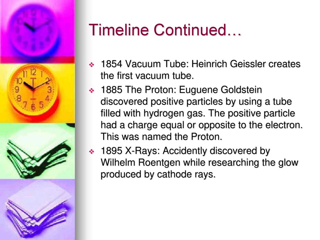 Timeline Continued… 1854 Vacuum Tube: Heinrich Geissler creates the first vacuum tube.