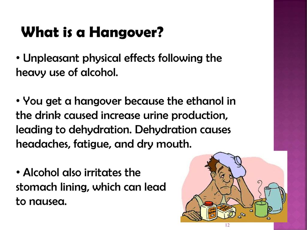 What is a Hangover Unpleasant physical effects following the heavy use of alcohol.