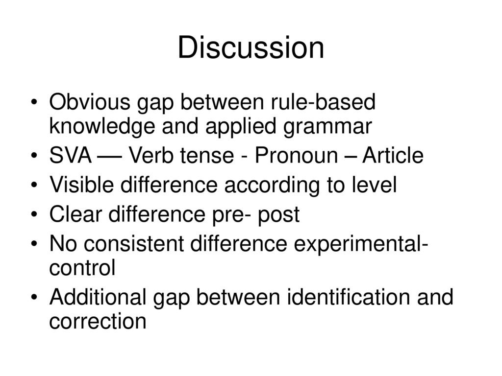 Discussion Obvious gap between rule-based knowledge and applied grammar. SVA –– Verb tense - Pronoun – Article.