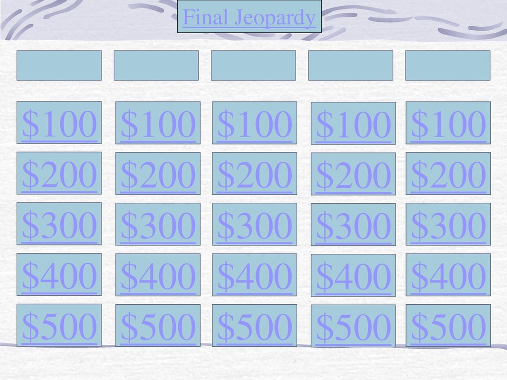 Final Jeopardy $100. $100. $100. $100. $100. $200. $200. $200. $200. $200. $300. $300. $300.