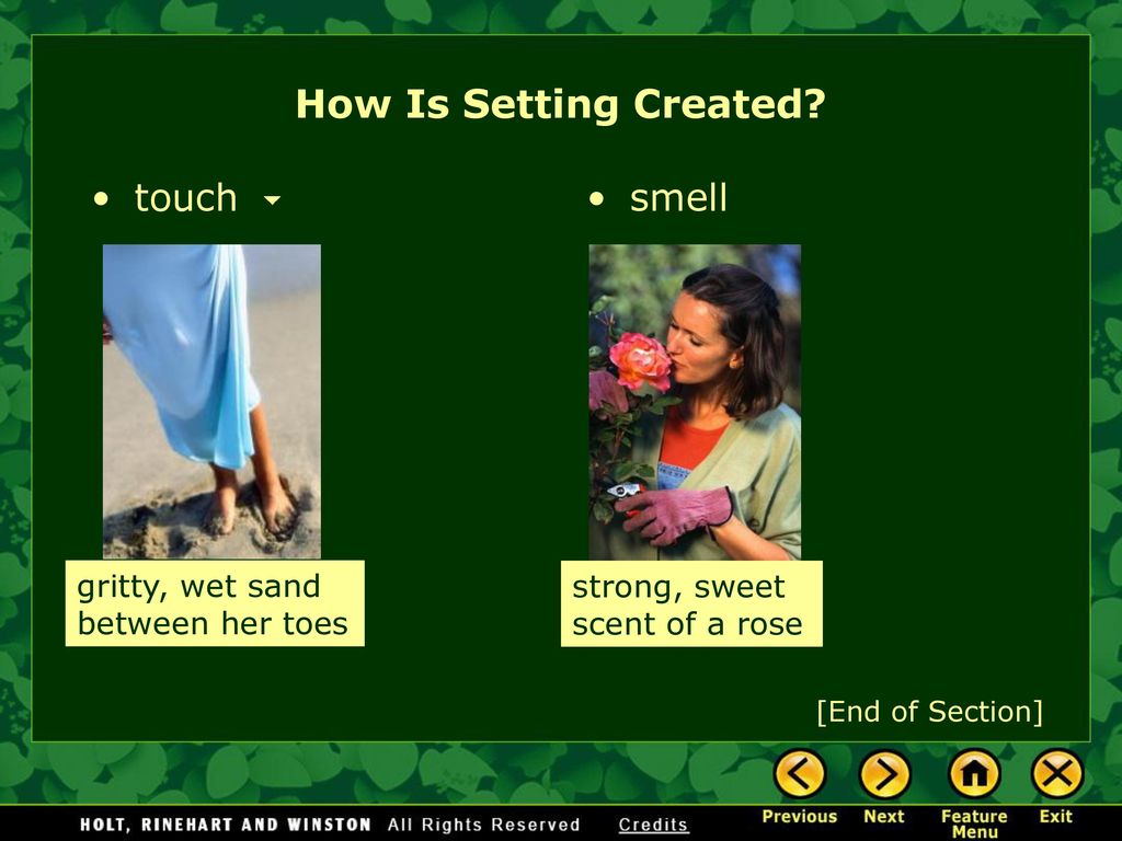 How Is Setting Created touch smell gritty, wet sand between her toes