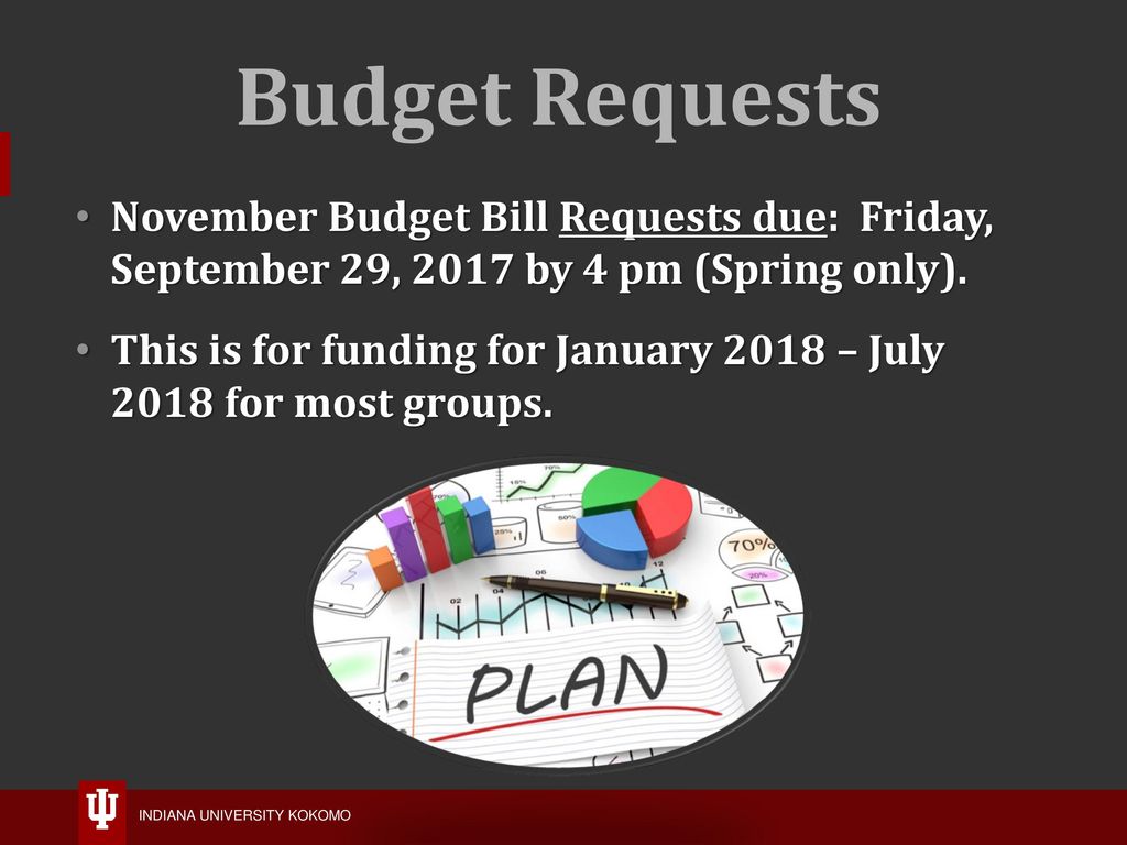 Budget Requests November Budget Bill Requests due: Friday, September 29, 2017 by 4 pm (Spring only).