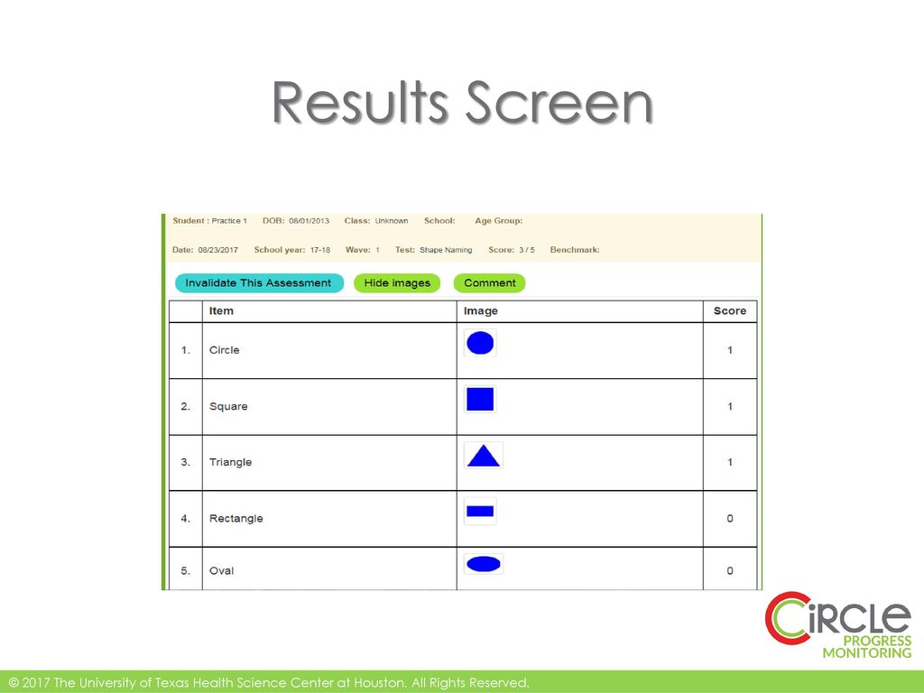 Results Screen Correct responses are indicated by a 1 incorrect responses are noted with a 0