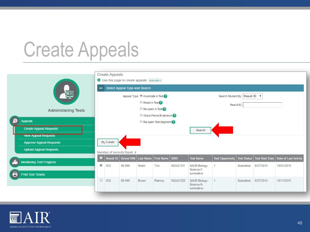 Create Appeals The Create Appeals page is where you create an appeal for a test.