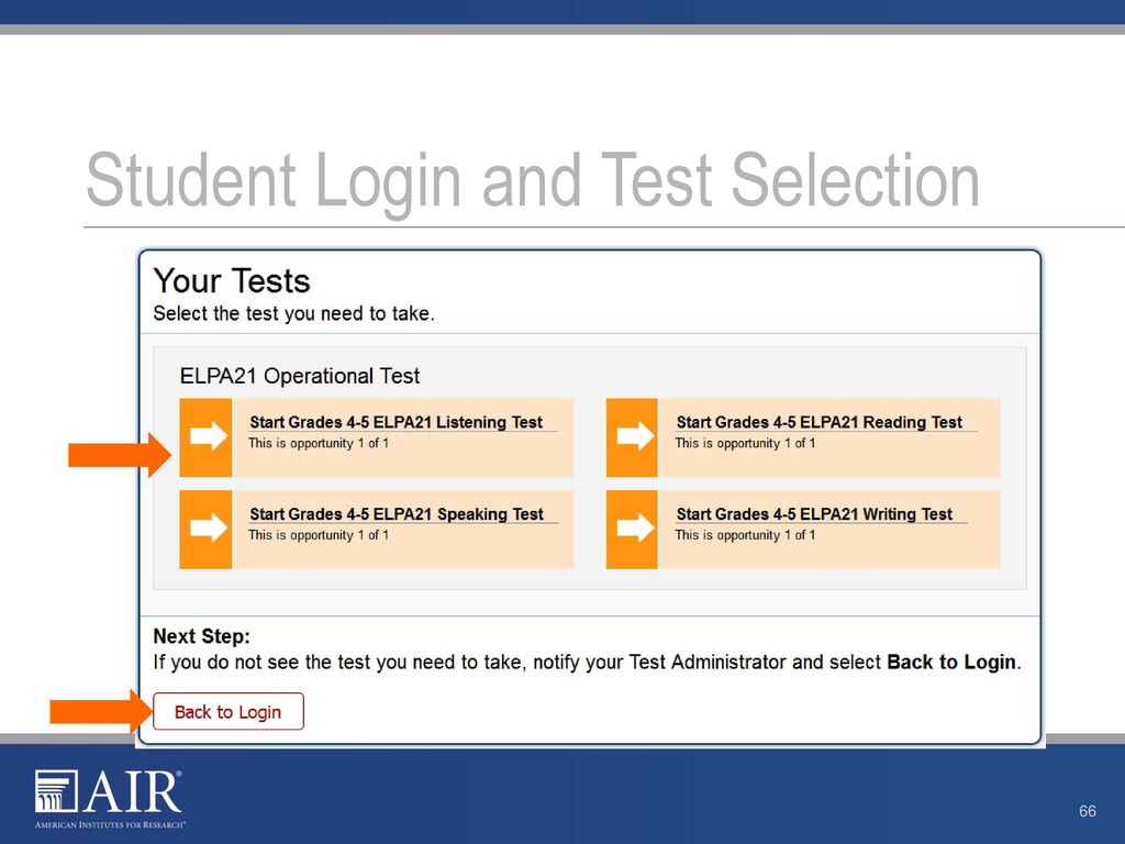 Student Login and Test Selection