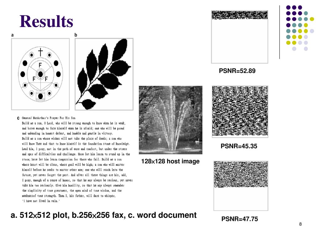 Results a. 512×512 plot, b.256×256 fax, c. word document PSNR=52.89