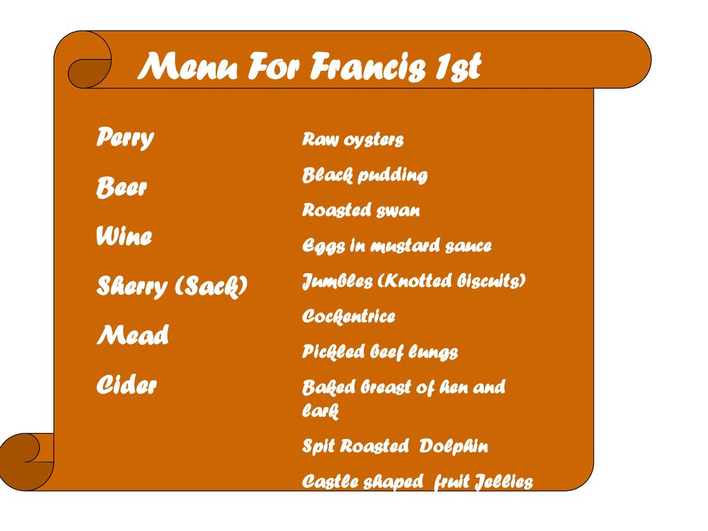Menu For Francis 1st Perry Beer Wine Sherry (Sack) Mead Cider