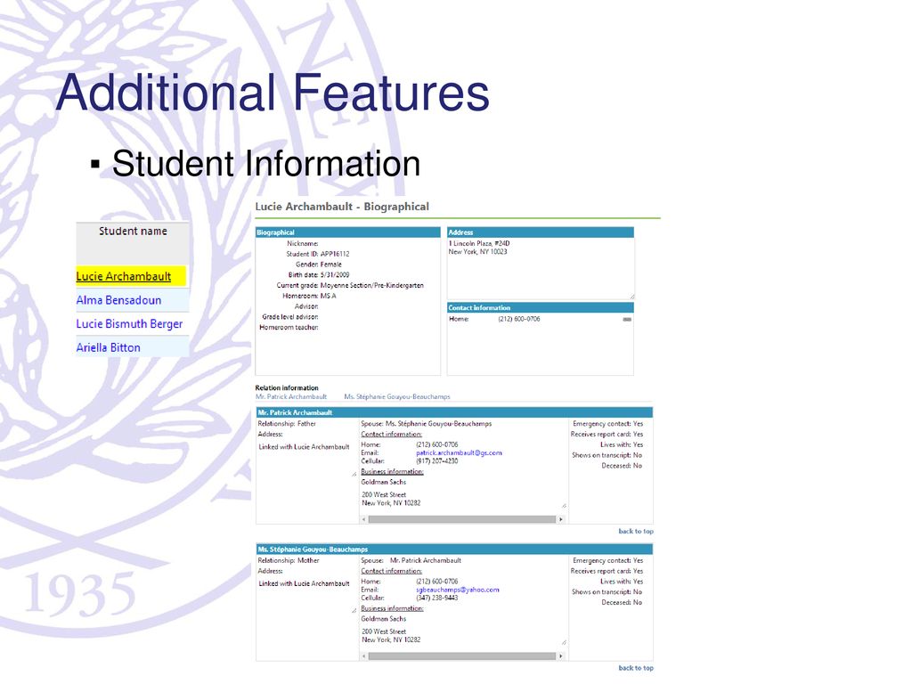 Additional Features Student Information