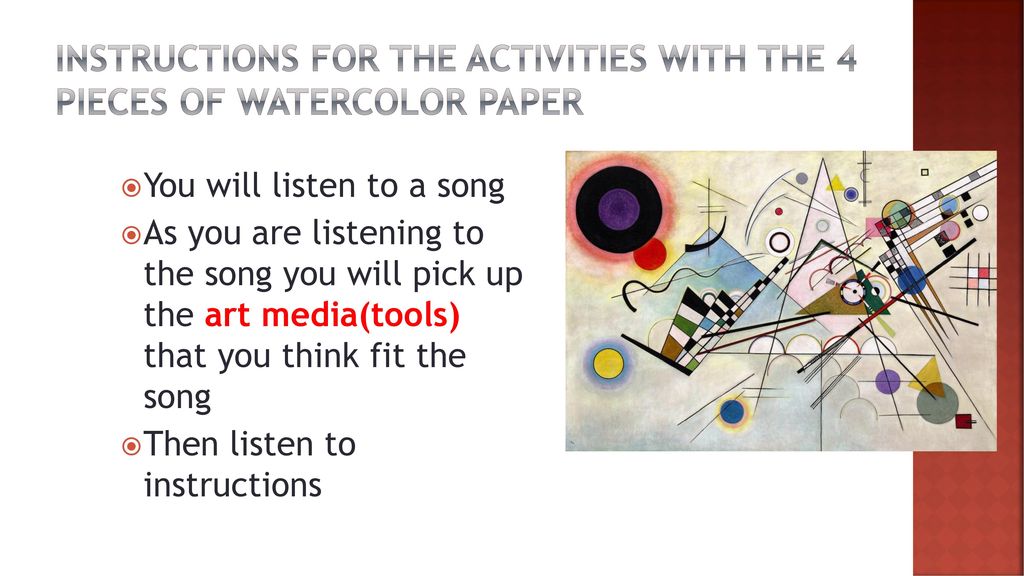 Instructions for the activities with the 4 pieces of watercolor paper