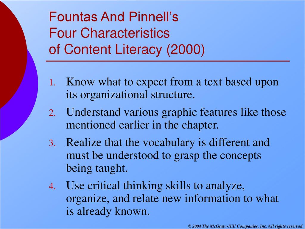 Fountas And Pinnell’s Four Characteristics of Content Literacy (2000)