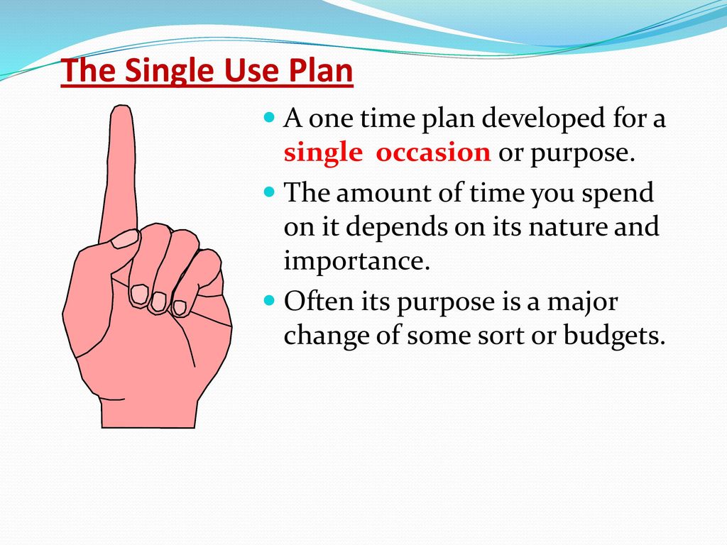The Single Use Plan A one time plan developed for a single occasion or purpose.