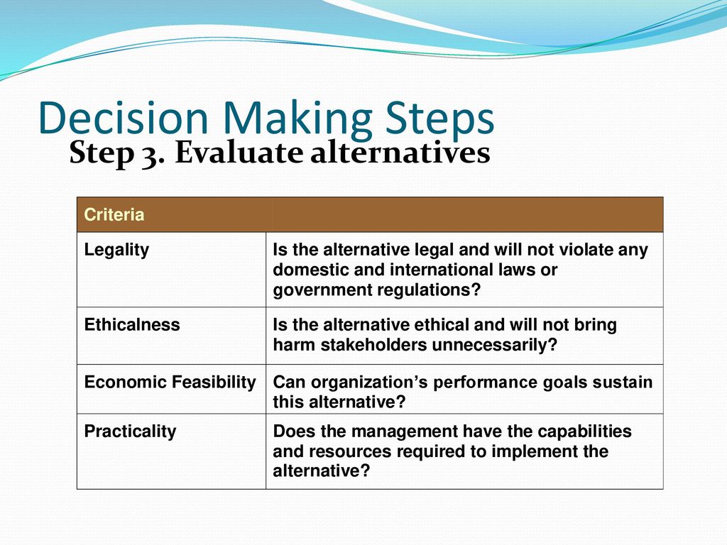 Decision Making Steps Step 3. Evaluate alternatives