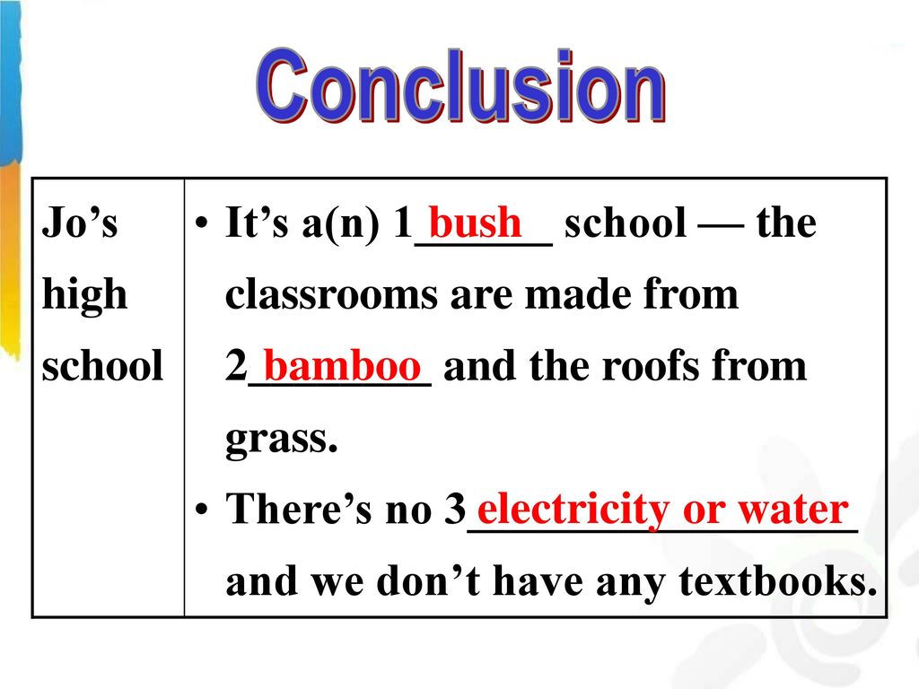 Conclusion Jo’s high school. It’s a(n) 1______ school — the classrooms are made from 2________ and the roofs from grass.