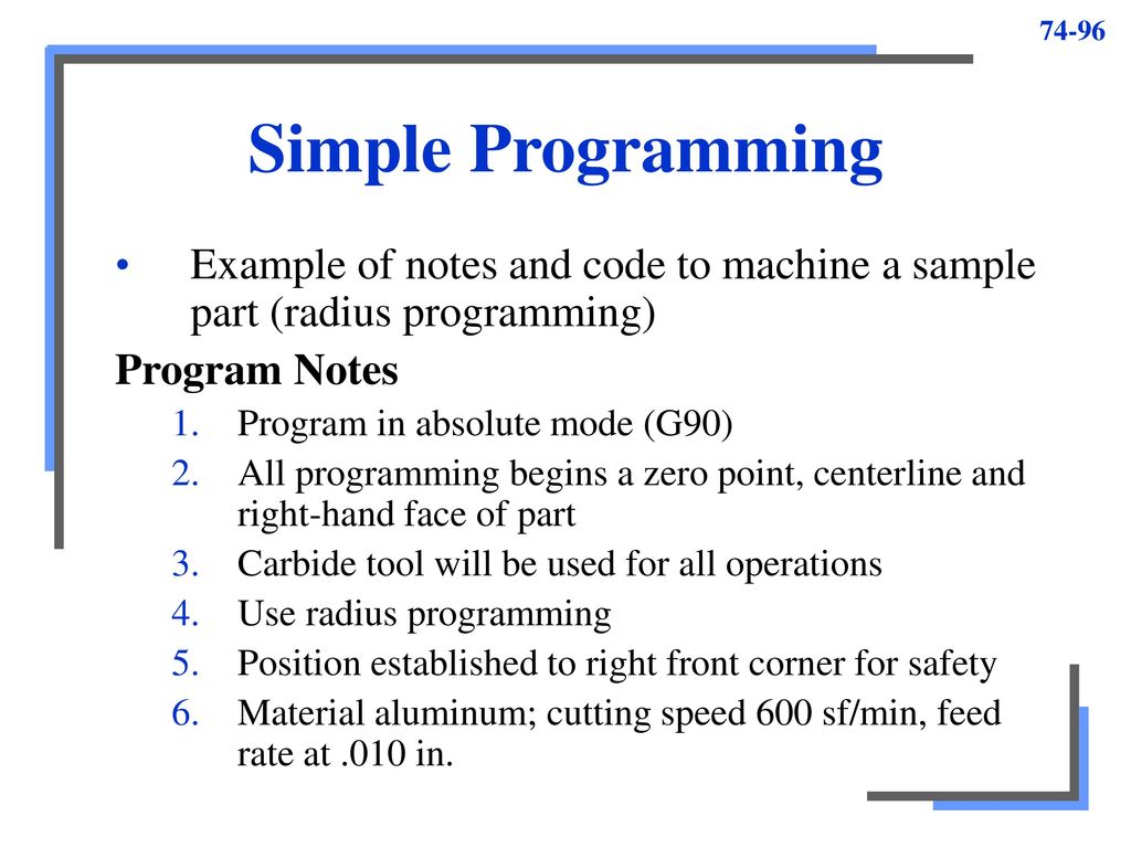 Simple Programming Example of notes and code to machine a sample part (radius programming) Program Notes.