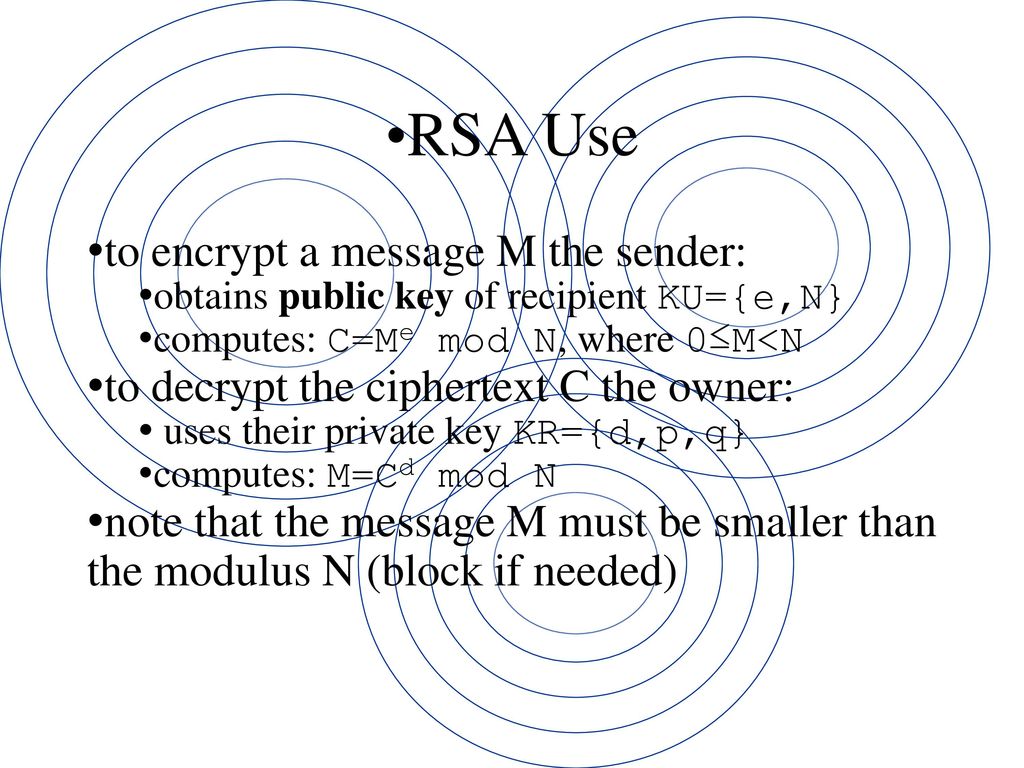 RSA Use to encrypt a message M the sender: