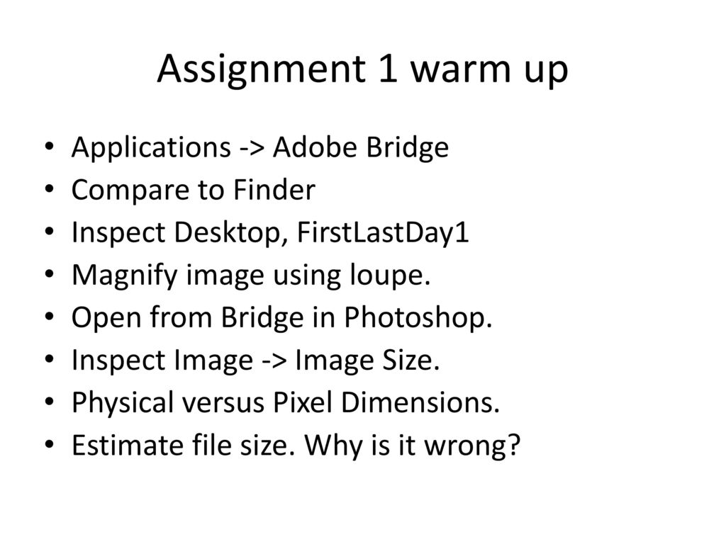 Assignment 1 warm up Applications -> Adobe Bridge Compare to Finder