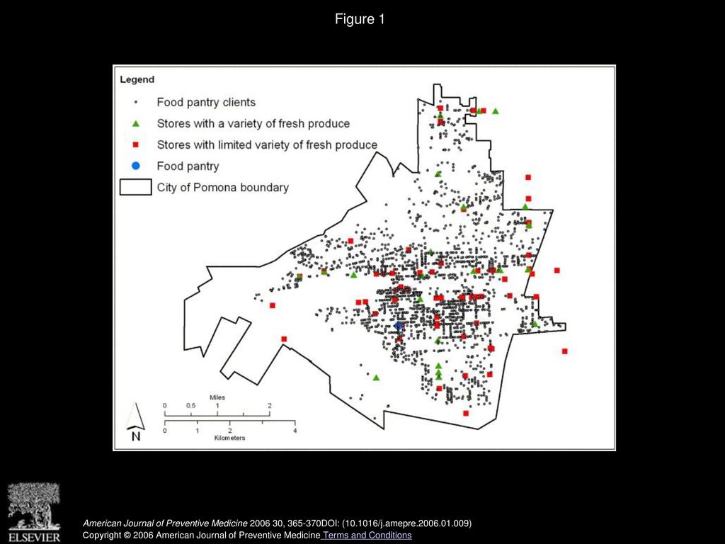 Figure 1 Location of food pantry clients relative to store locations and the Pomona food pantry.