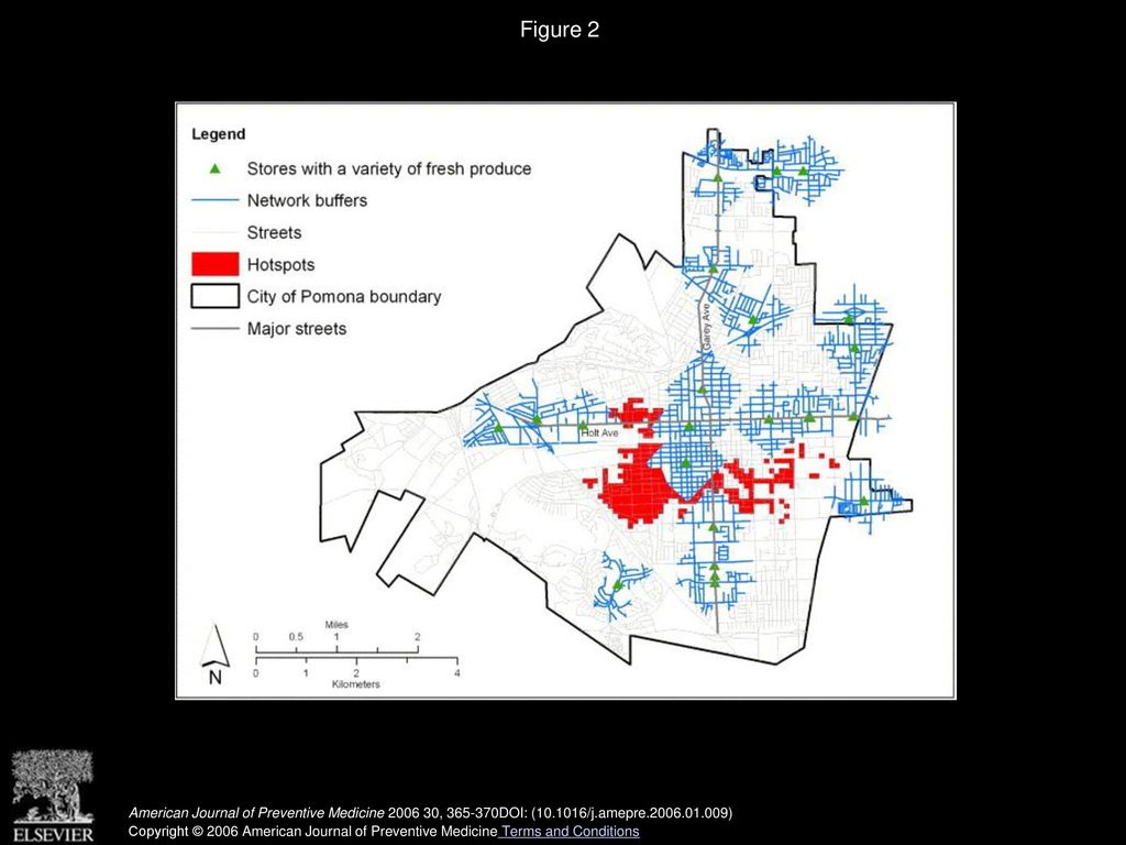 Figure 2 Areas identified as hot spots derived from client density surface and adjusted to exclude areas within walking distance of produce stores.
