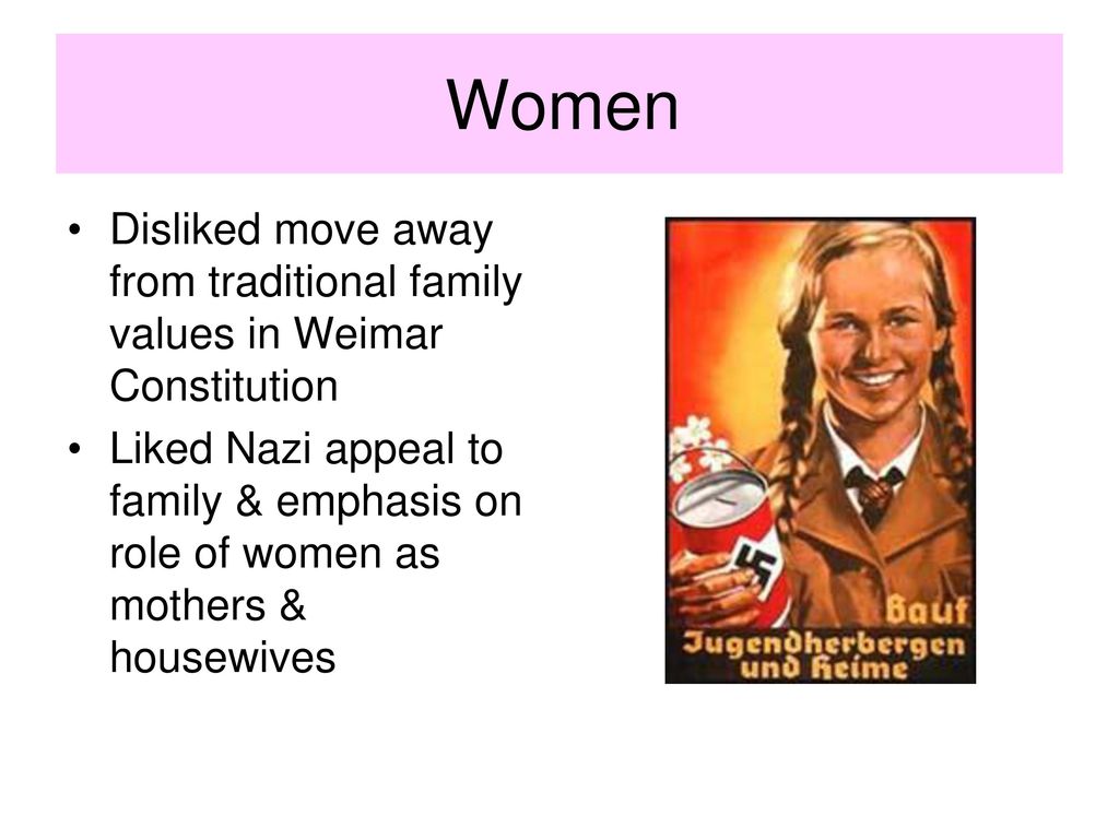 Women Disliked move away from traditional family values in Weimar Constitution.