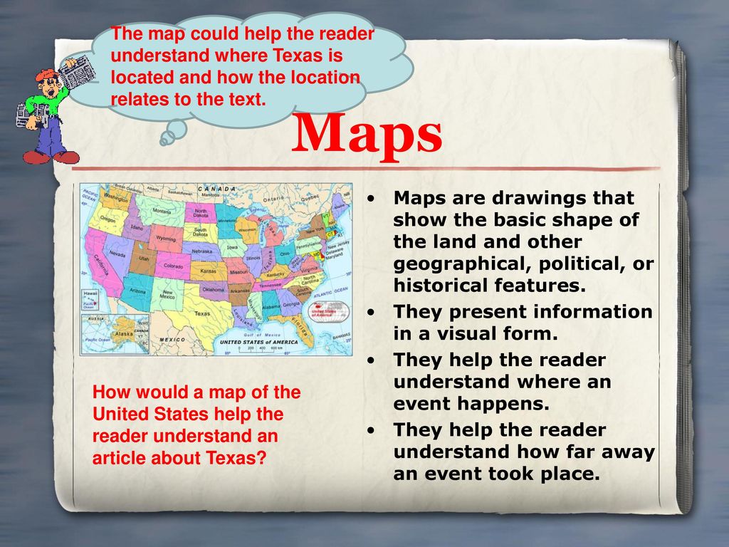 The map could help the reader understand where Texas is located and how the location relates to the text.