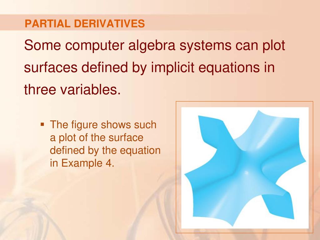 PARTIAL DERIVATIVES Some computer algebra systems can plot surfaces defined by implicit equations in three variables.
