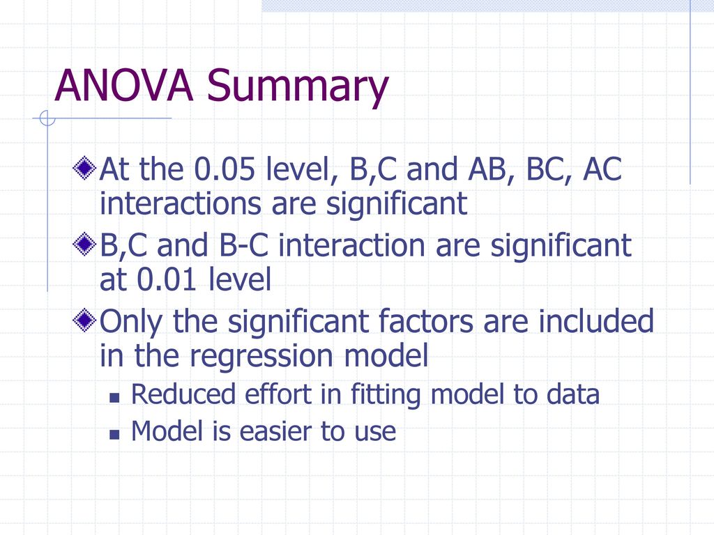 ANOVA Summary At the 0.05 level, B,C and AB, BC, AC interactions are significant. B,C and B-C interaction are significant at 0.01 level.