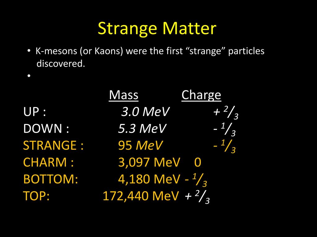 Strange Matter Mass Charge UP : 3.0 MeV + 2/3 DOWN : 5.3 MeV - 1/3