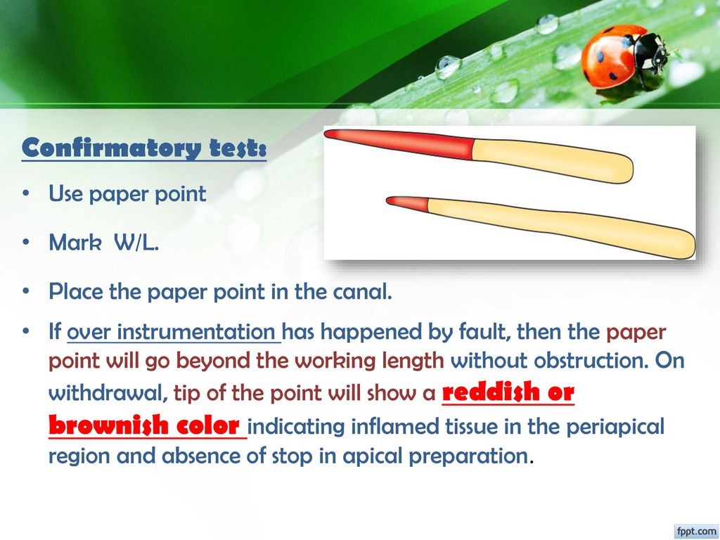 Confirmatory test: Use paper point Mark W/L.