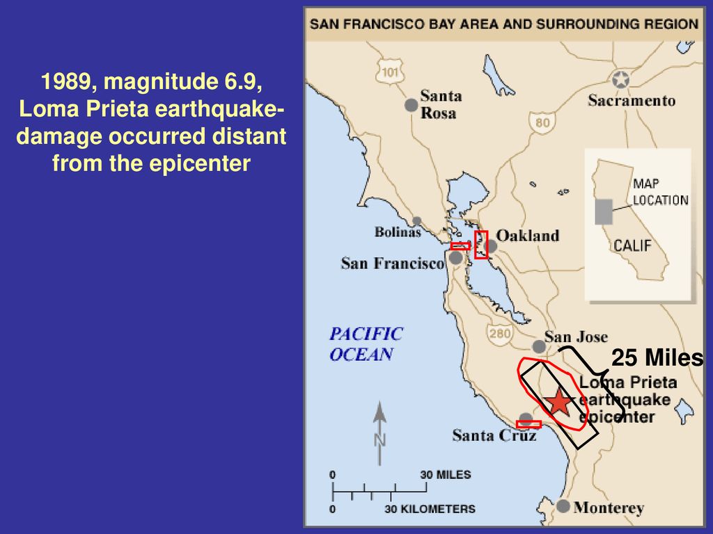1989, magnitude 6.9, Loma Prieta earthquake-damage occurred distant from the epicenter
